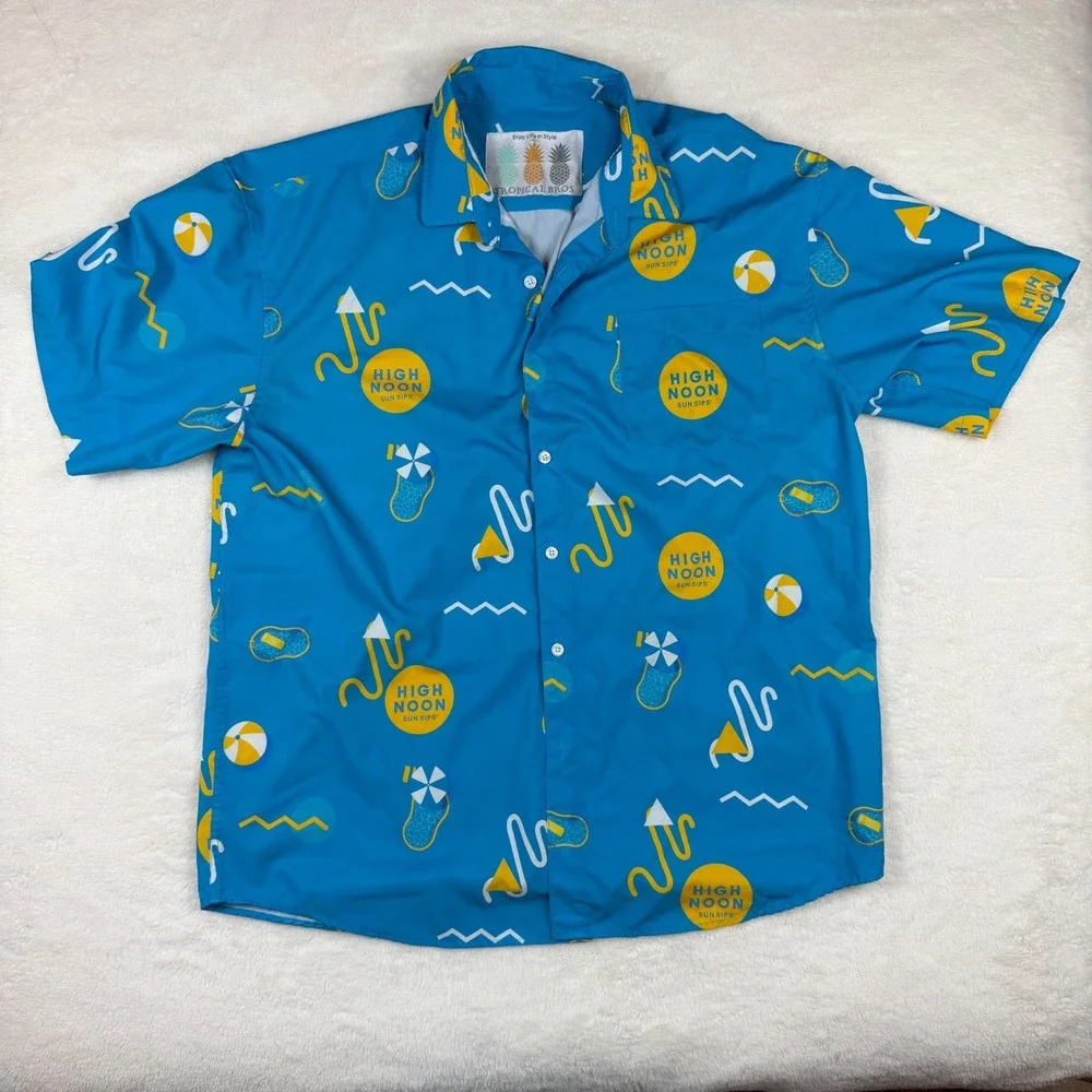 Tropical Bros High Noon Sun Sips Hawaiian Shirt Mens XL Blue Short Sleeve Button
